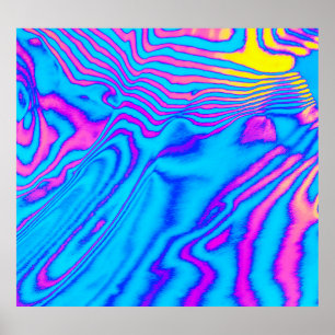 Psychedelic Striped Zebra: Neon Fluorescent Backgr Poster