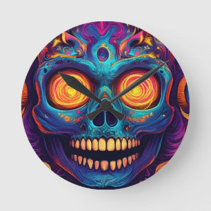 Psychedelic Sugar Skull Art - Day of the Dead Round Clock
