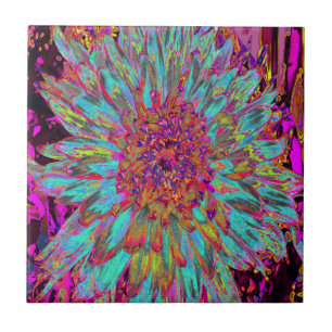 Psychedelic Teal Blue Abstract Decorative Dahlia Tile
