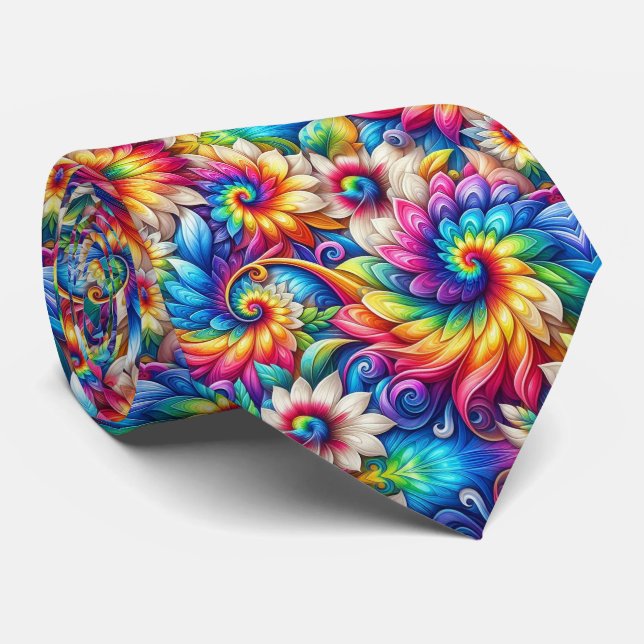 Psychedelic Tie-Dye Floral Pattern Tie (Rolled)