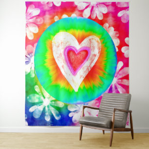 Psychedelic tie dye heart tapestry