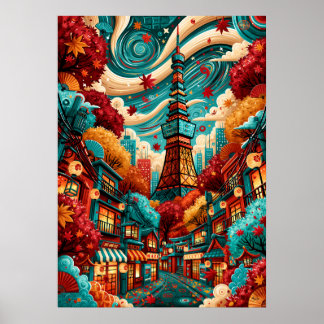 Psychedelic Tokyo Tower Cityscape Poster