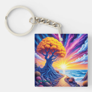 Psychedelic Tree Sunset Surreal Landscape Key Ring