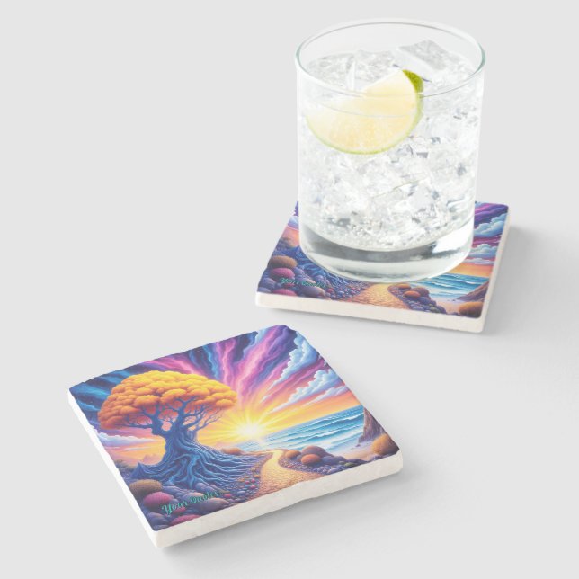 Psychedelic Tree Sunset Surreal Landscape Stone Coaster (Side)