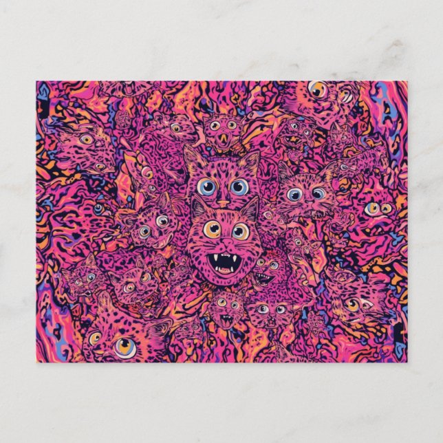 Psychedelic trippy cat in vibrant neon postcard (Front)