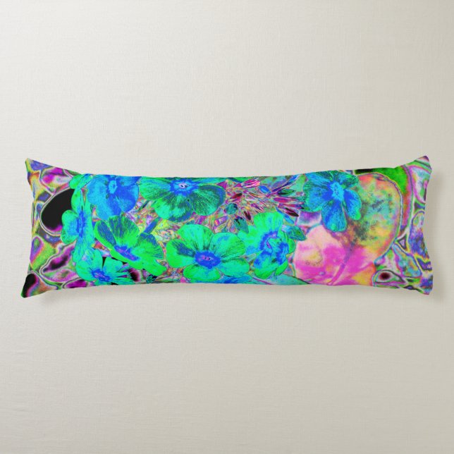 Psychedelic Trippy Lime Green and Blue Flowers Body Cushion (Front)