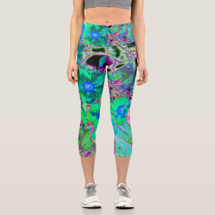 Psychedelic Trippy Lime Green and Blue Flowers Capri Leggings