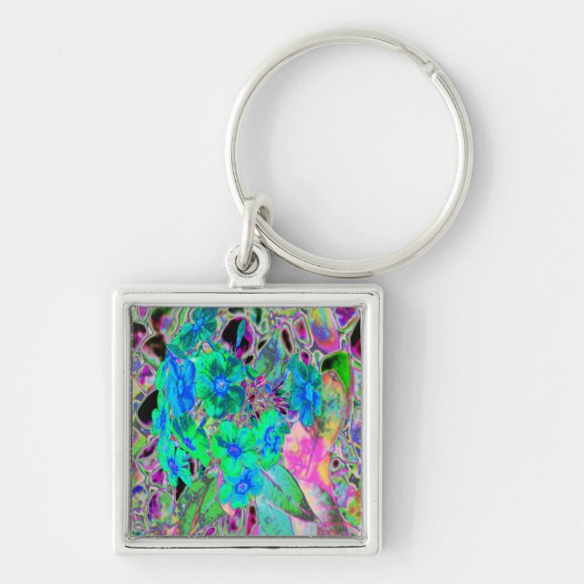 Psychedelic Trippy Lime Green and Blue Flowers Key Ring (Front)