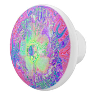 Psychedelic Trippy Lime Green and Purple Hibiscus Ceramic Knob