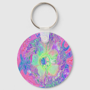 Psychedelic Trippy Lime Green and Purple Hibiscus Key Ring