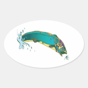 Psychedelic Trout Fishing Oval Sticker