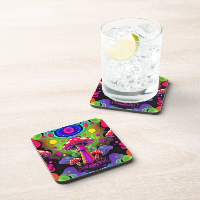 Psychedelic Vibrant Colourful Retro Mushrooms Coaster (Right Side)