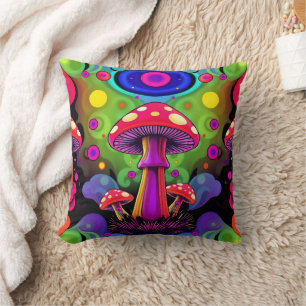 Psychedelic Vibrant Colourful Retro Mushrooms Cushion
