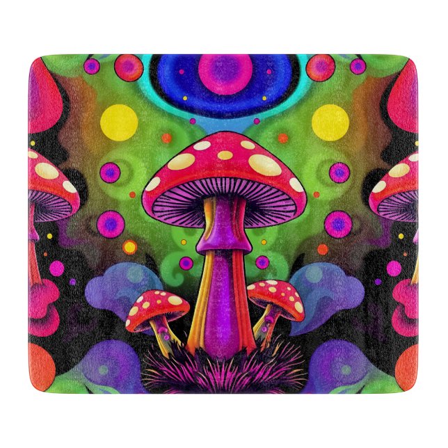 Psychedelic Vibrant Colourful Retro Mushrooms Cutting Board (Front)
