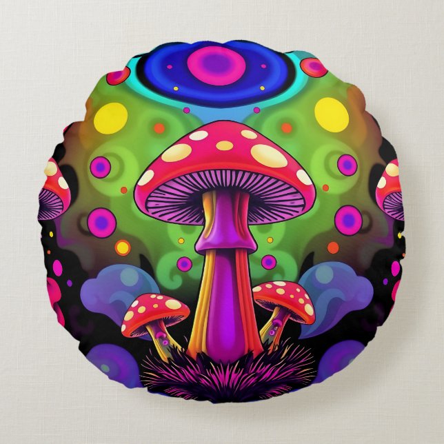 Psychedelic Vibrant Colourful Retro Mushrooms Round Cushion (Front)