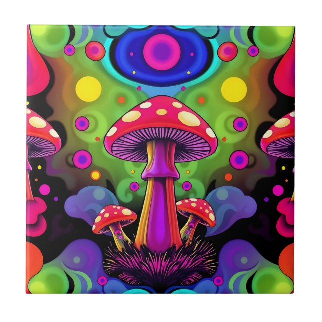 Psychedelic Vibrant Colourful Retro Mushrooms Tile (Front)