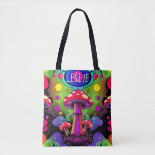 Psychedelic Vibrant Colourful Retro Mushrooms Tote Bag