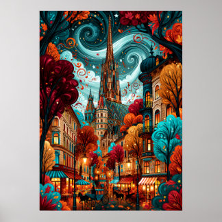 Psychedelic Vienna St Stephens Cathedral Cityscape Poster