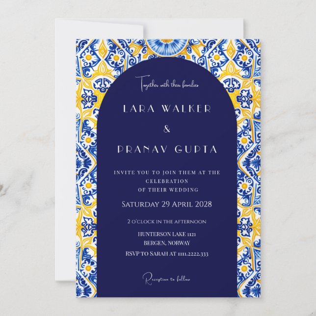 Psychedelic Vows: Groovy Blue Tile Wedding Invitation (Front)