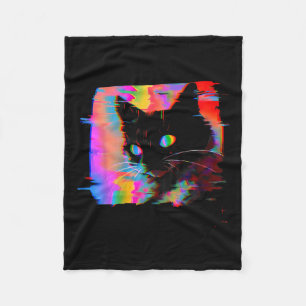 Psychedelic Weirdcore Cat Vaporwave Aesthetic Trip Fleece Blanket