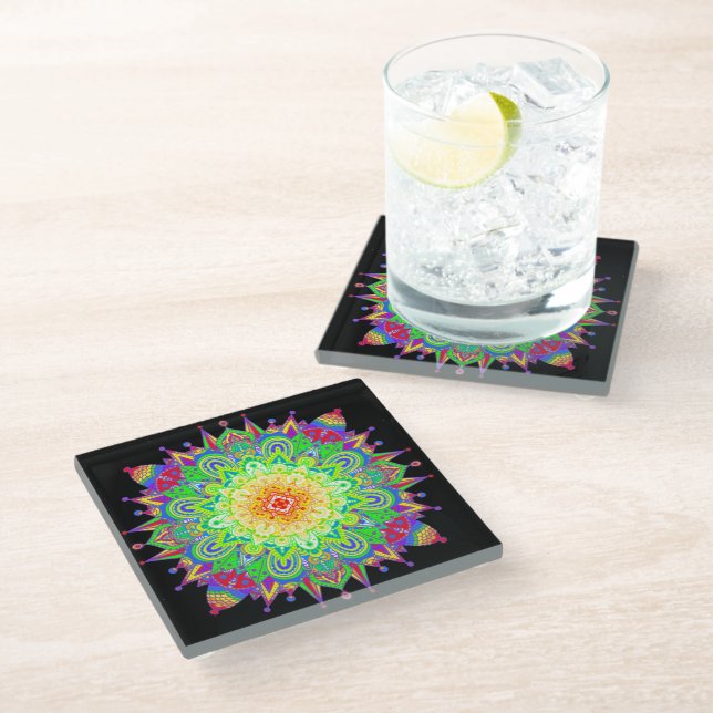 Psychedelic Zen Mandala Abstract Art Glass Coaster (Angled)