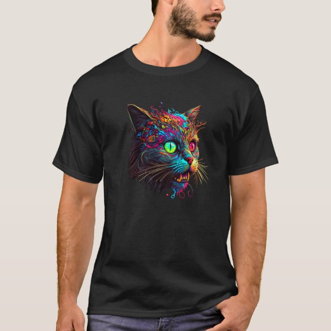 Psychedelic Zombie Cat Paint Splattered Cat T-Shirt (Front)