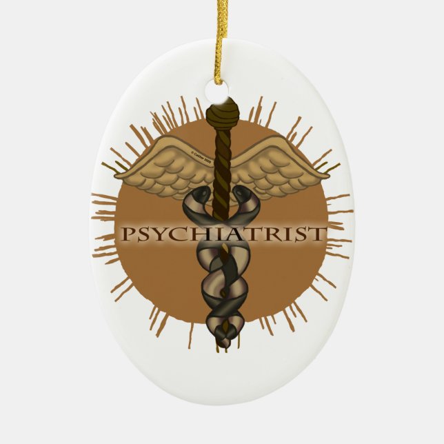 Psychiatrist Caduceus Oval Ceramic Tree Decoration (Front)