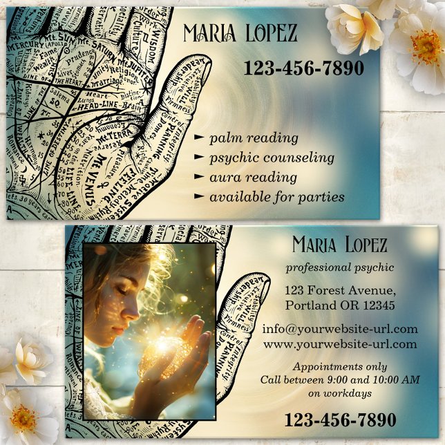 Psychic Counseling Palm Reader Business Card (Psychic palm reader business card featuring a hand palm outline on a dreamy background - clairvoyant)