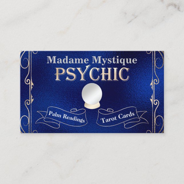 Psychic Crystal Ball Gold and Blue Business Card (Front)