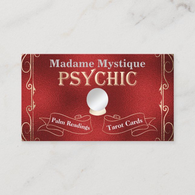 Psychic Crystal Ball Gold and Red Business Card (Front)