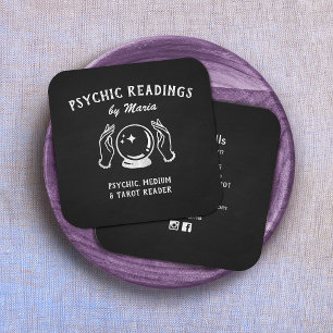 Psychic Medium Crystal Ball and Hands Black Square Business Card