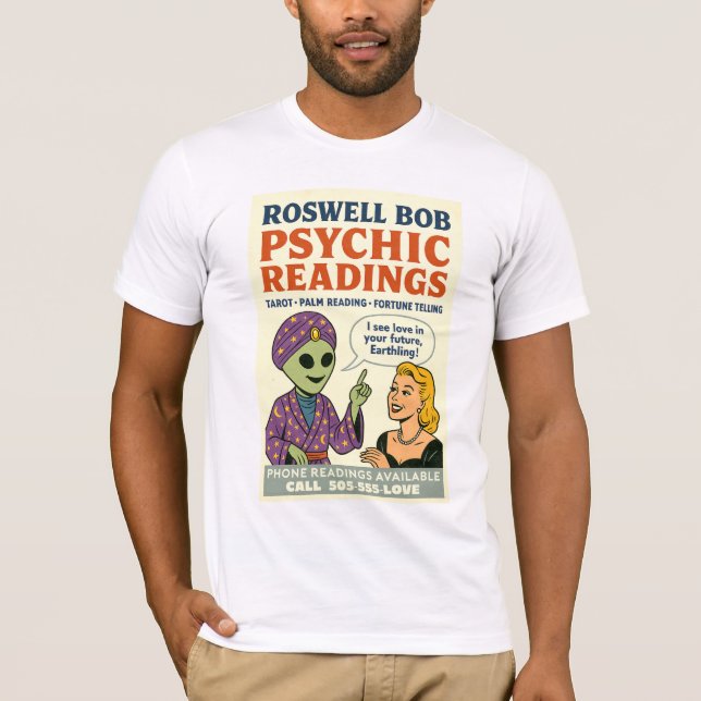 Psychic Readings Blonde Woman Roswell Aliens Retro T-Shirt (Front)
