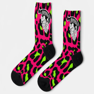 Psycho Skull Hot Pink Leopard Print Socks