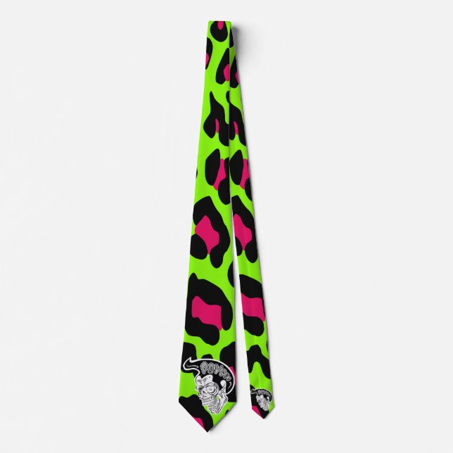 Psycho Skull Lime Green Leopard  Tie (Front)