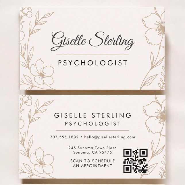 Psychologist Botanical QR Code Blush Elegant Business Card (Creator Uploaded)