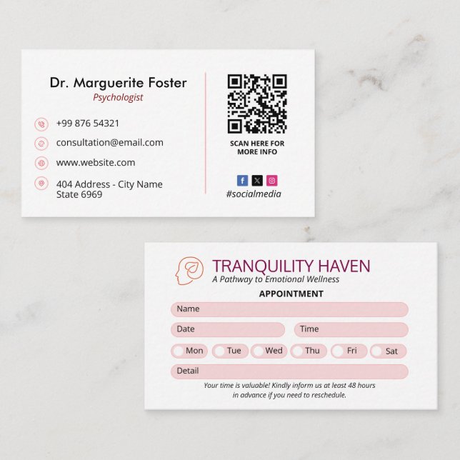 Psychologist Clinic Business | Modern Appointment Business Card (Front/Back)
