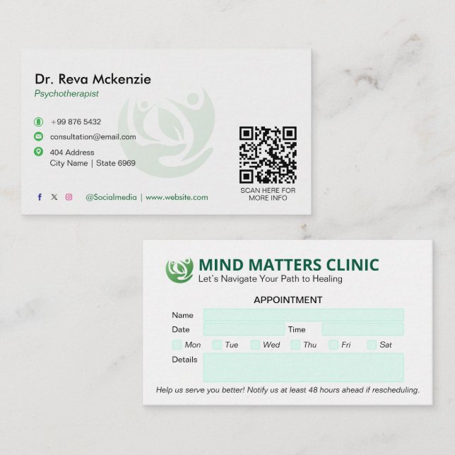 Psychologist Clinic Business | Modern Appointment Card (Front/Back)