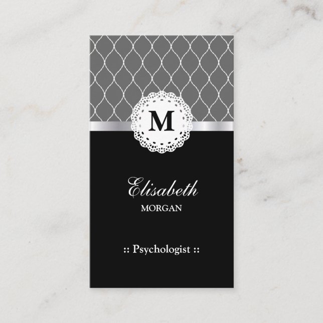Psychologist Elegant Black Lace Pattern Business Card (Front)