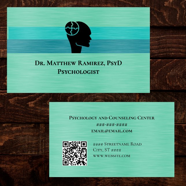 Psychologist Psychiatrist Teal Faux Metal QR Code Business Card (Creator Uploaded)