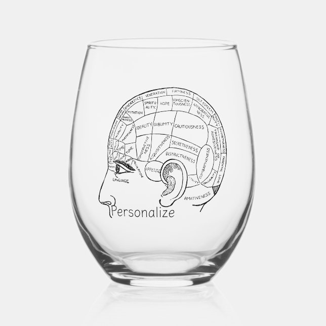 Psychology vintage phrenology psychiatry brain  stemless wine glass (Front)