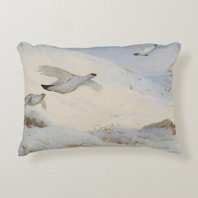 Ptarmigan in winter plumage,flying across the snow decorative cushion (Front)