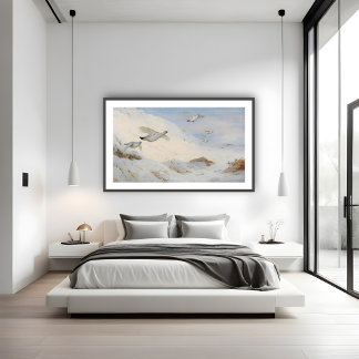 Ptarmigan in winter plumage,flying across the snow poster