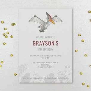 Pteranodon Dinosaur Minimalist Grey Birthday Invitation