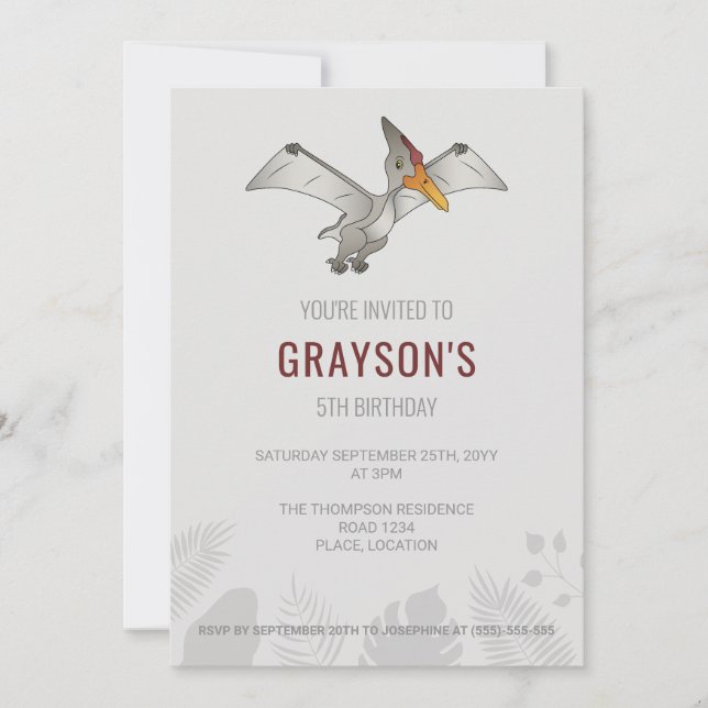 Pteranodon Dinosaur Minimalist Grey Birthday Invitation (Front)