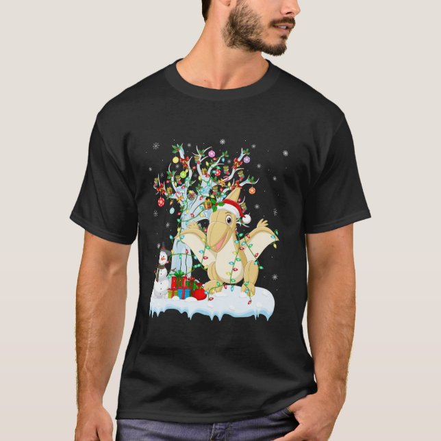 Pterodactyl Xmas Lights Tree Santa Hat Pterodactyl T-Shirt (Front)