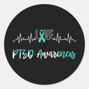 Ptsd Awareness Love Heartbeat Teal Ribbon  Classic Round Sticker