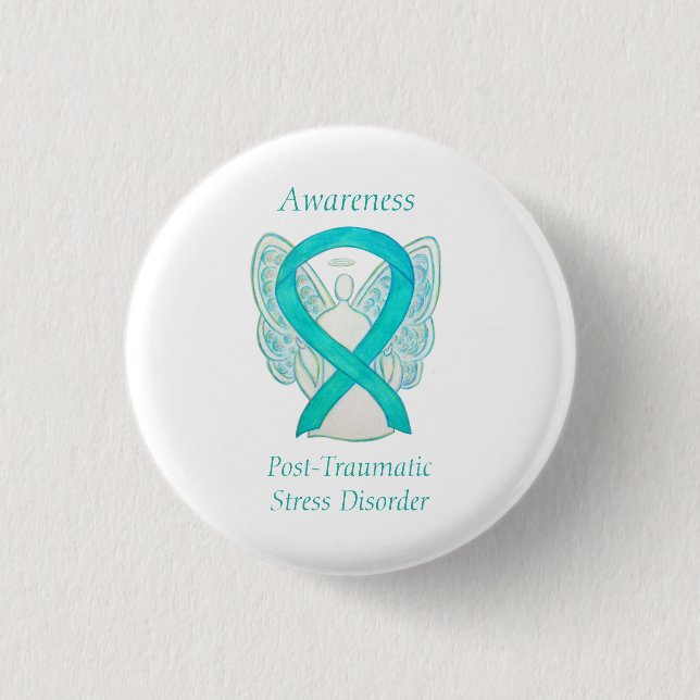 PTSD Awareness Ribbon Teal Angel Custom Art Pins (Front)