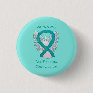 PTSD Awareness Ribbon Teal Angel Custom Art Pins