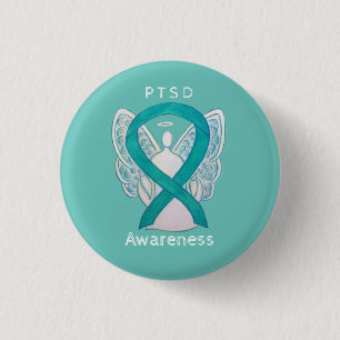 PTSD Awareness Ribbon Teal Angel Custom Art Pins