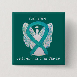 PTSD Awareness Ribbon Teal Angel Custom Art Pins